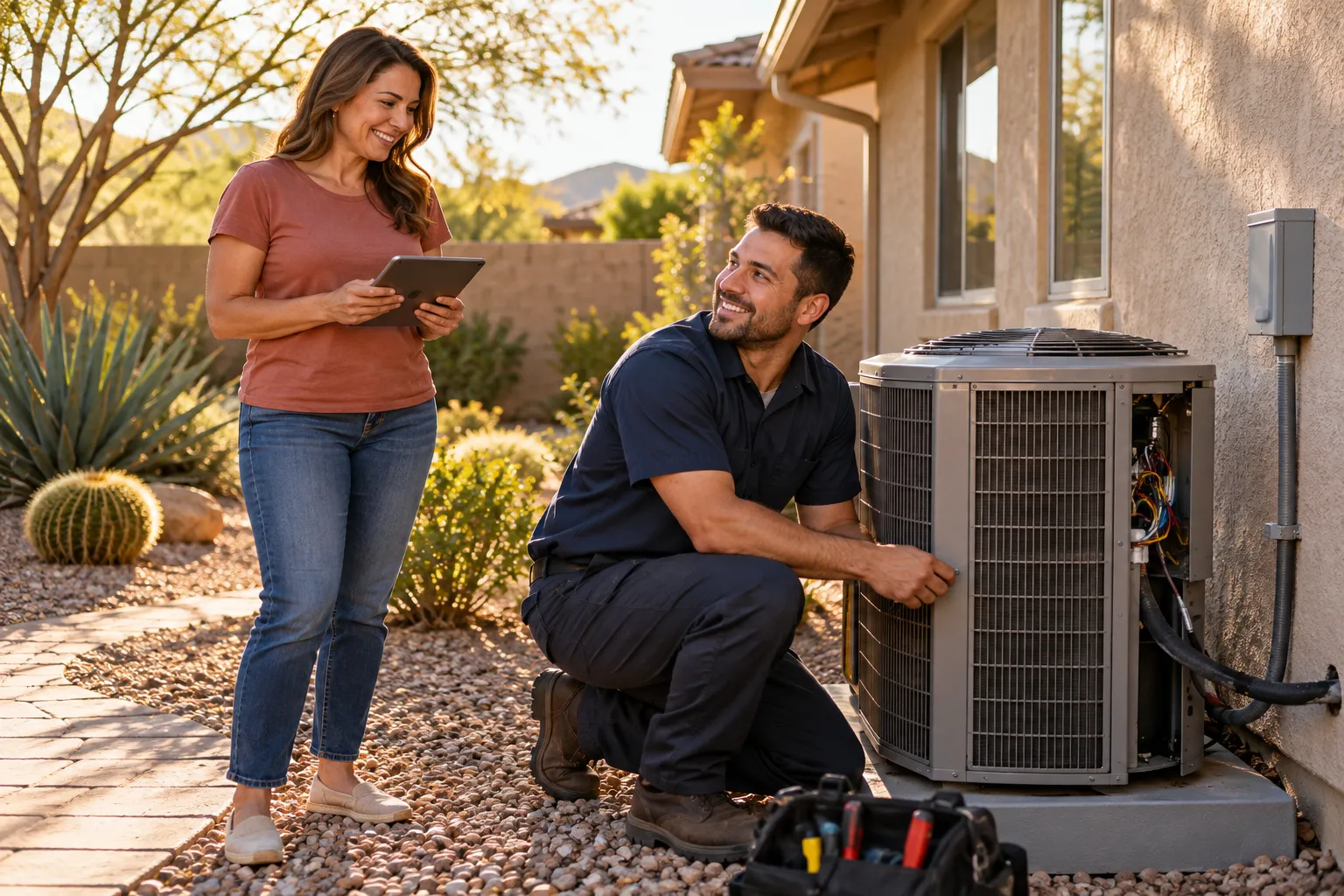 Friendly independent HVAC provider checking an outdoor AC unit beside a stucco home in Chula Vista while a homeowner looks on