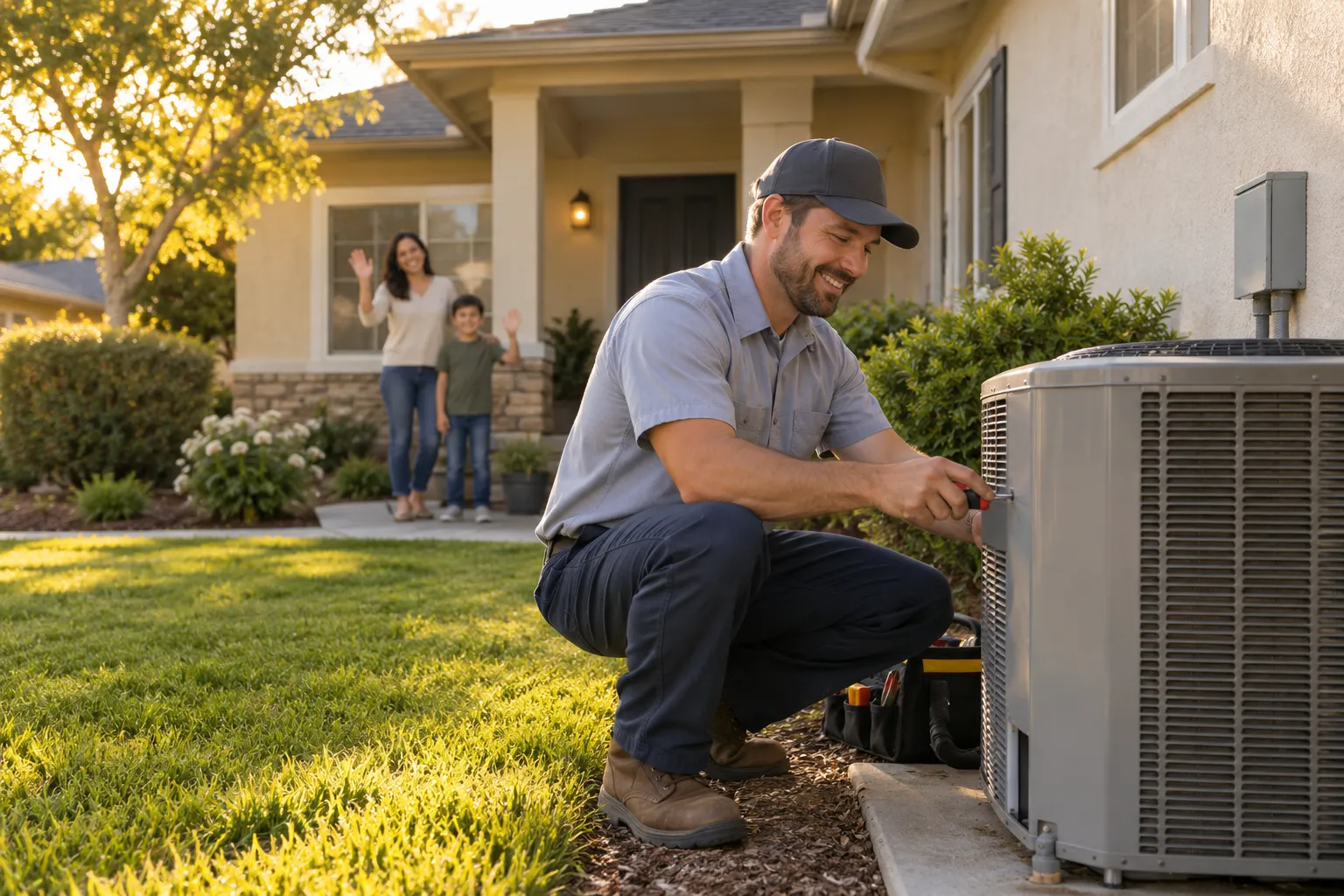 A friendly provider checking an outdoor AC unit beside a family home in Chula Vista